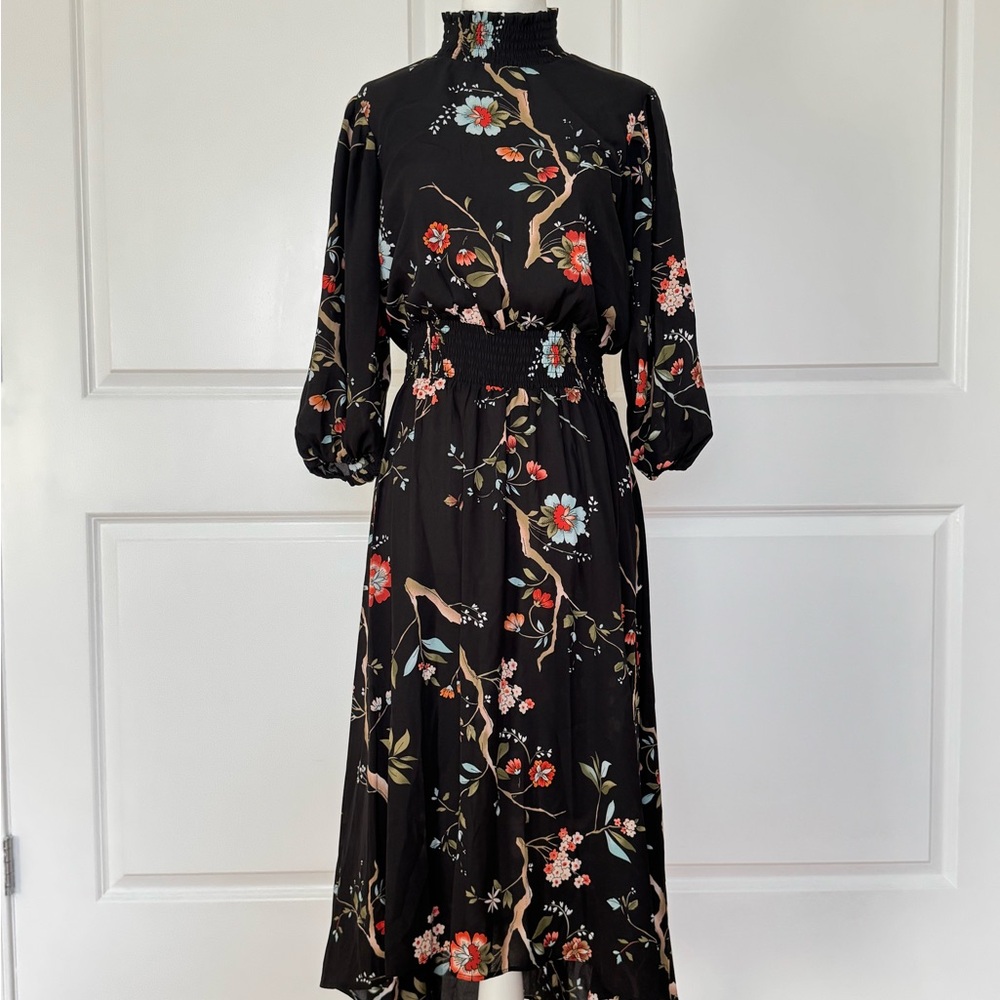 Nanette Lepore Black Floral High-Neck Smocked-Waist Midi Dress